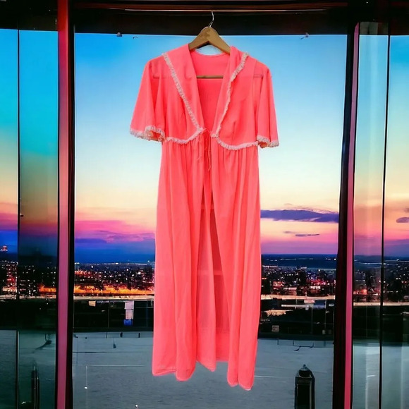 Womens Union Made Long Sheer Robe Neon Salmon Lace Butterfly Sleeve Barbiecore